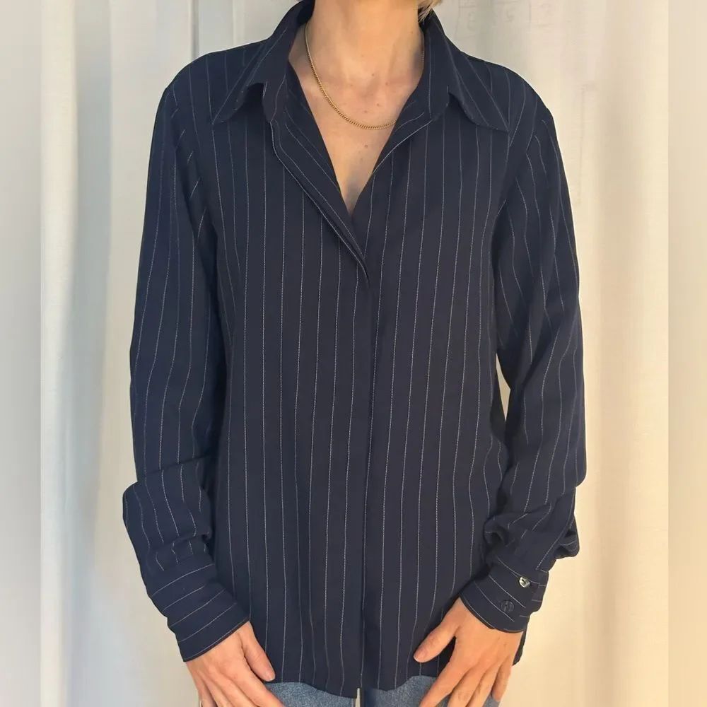 Jacqueline Ferrar Dark Blue Striped Button Down Shirt